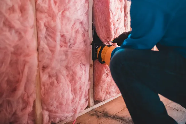 Handwerker verlegt Glaswolle-D&auml;mmung auf einem Dachboden eines Einfamilienhauses