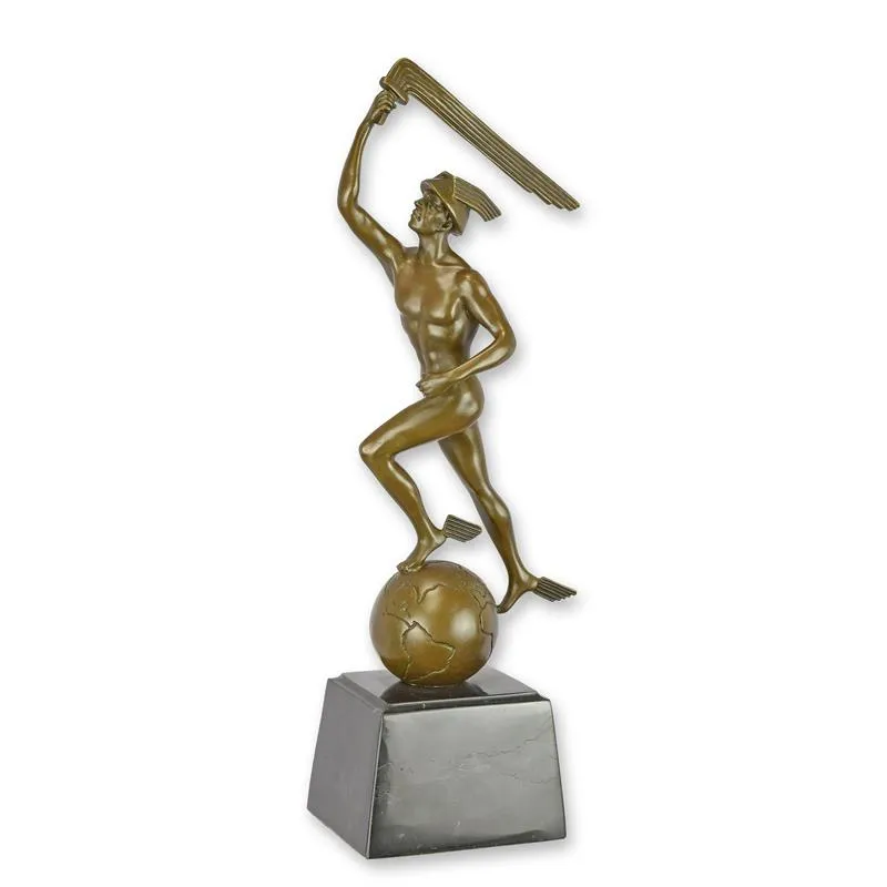 Art-déco-Bronzefigur Merkur auf Weltkugel