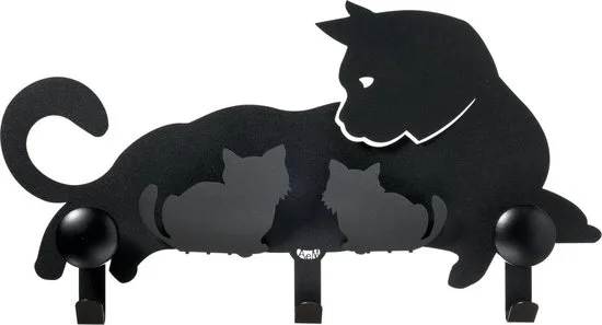 Arti e Mestieri Metall Garderobe Mutterkatze mit Kitten schwarz 3 Haken 45x23 cm