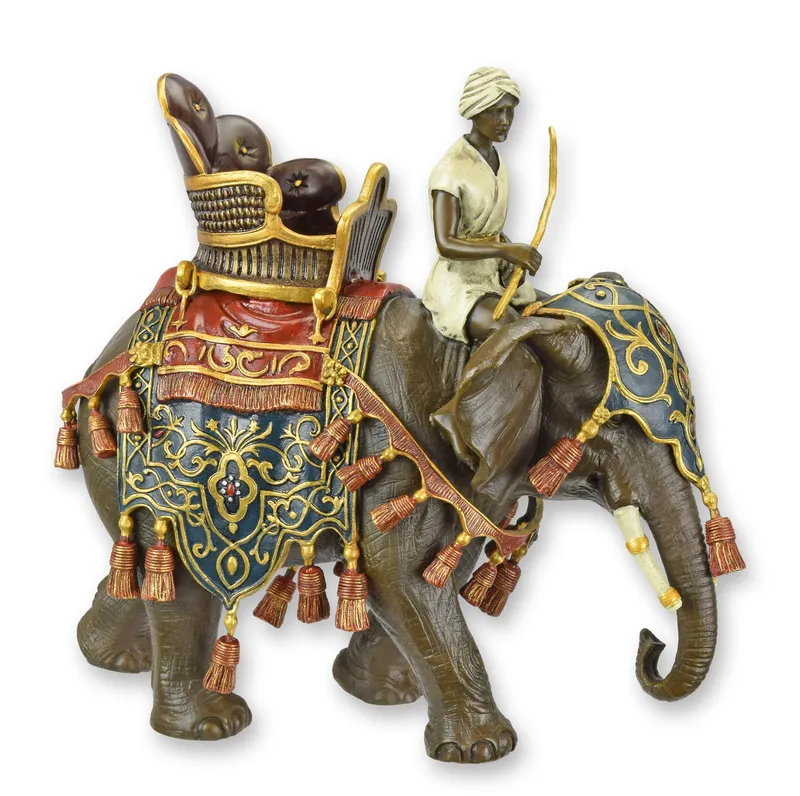 Bemalte Bronzeskulptur geschmückter Elefant mit Reiter 23 cm
