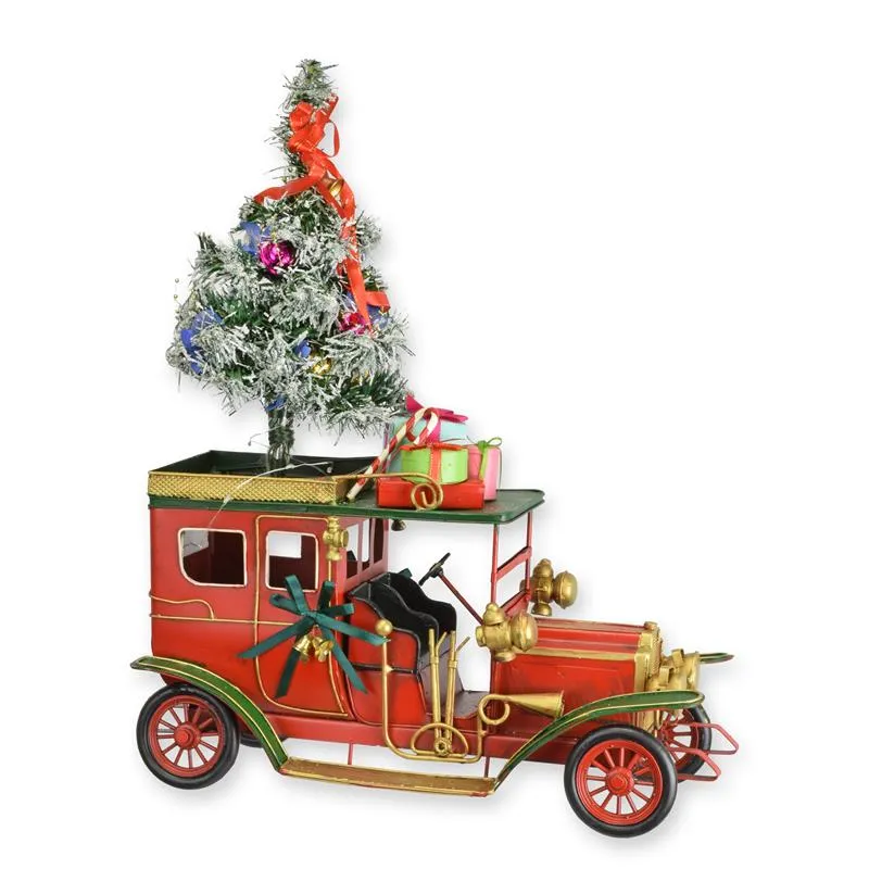 Blech-Weihnachtsauto rot mit Tannenbaum und Geschenken 46,6 cm