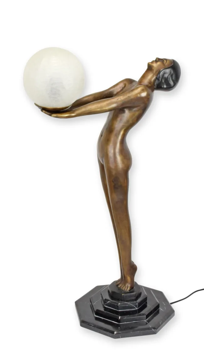 Bronze Art-deco-Akt mit Glasschale 72,5 cm hoch