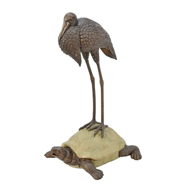 Bronze Gartenbrunnen Reiher stehend auf Schildkroete