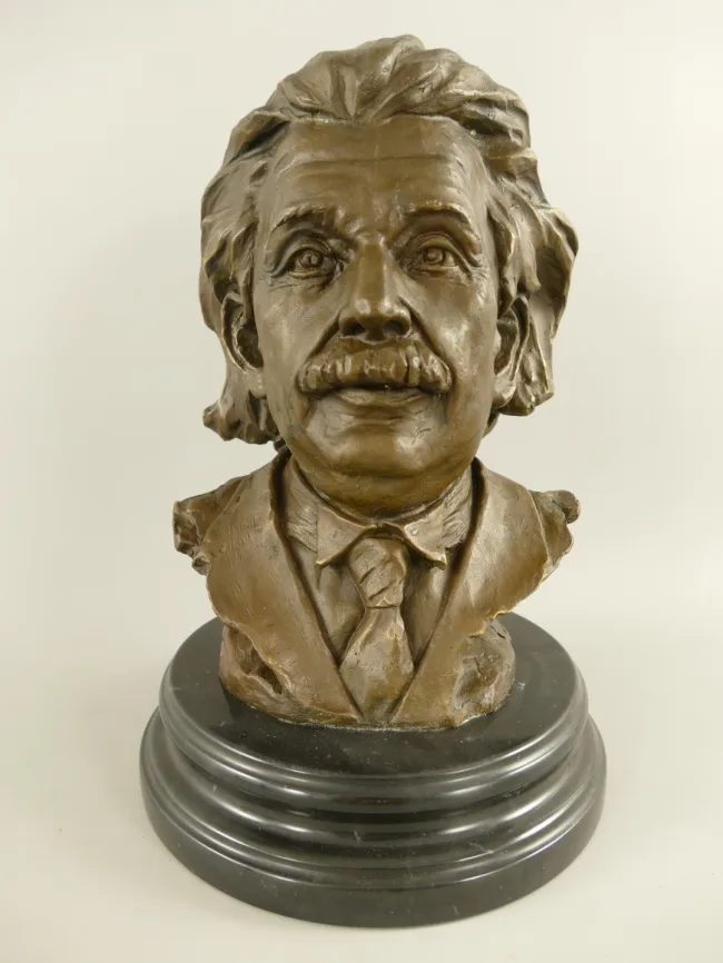 Bronze-Portraetbueste Albert Einstein – Naturalistische Wissenschaftlerbueste auf dreistufigem Marmorsockel H 32 cm