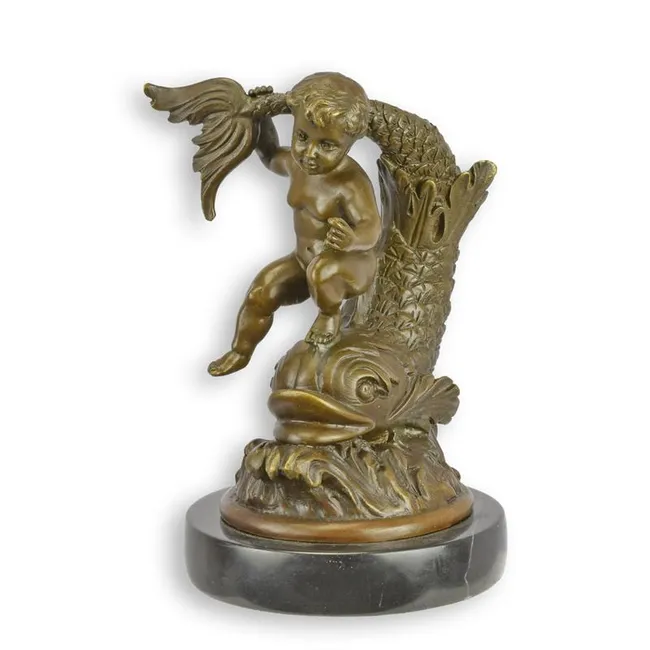 Bronze Putto auf Fisch Skulptur 16 cm