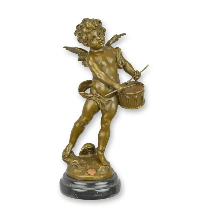 Bronze-Putto mit Trommel auf Marmorsockel