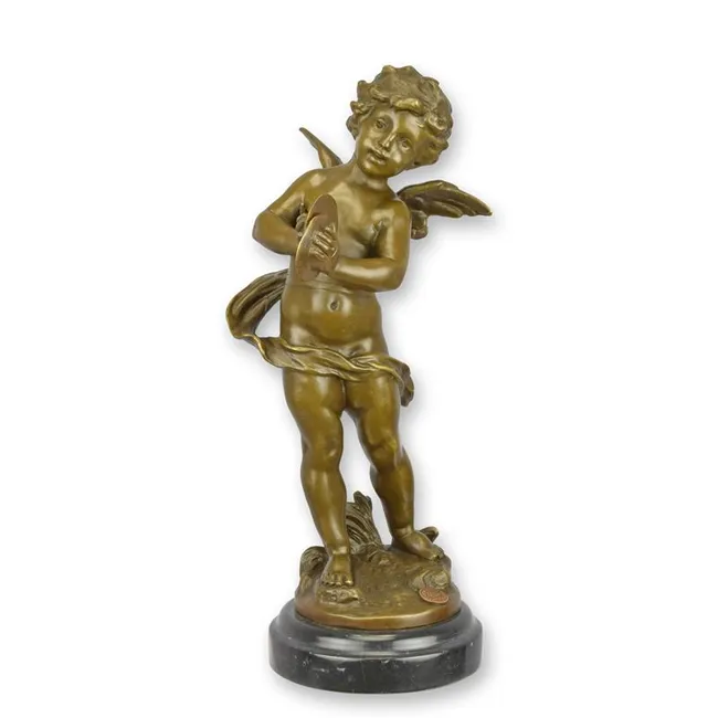 Bronze Putto mit Zimbeln 30,5 cm klassische Figur auf Sockel