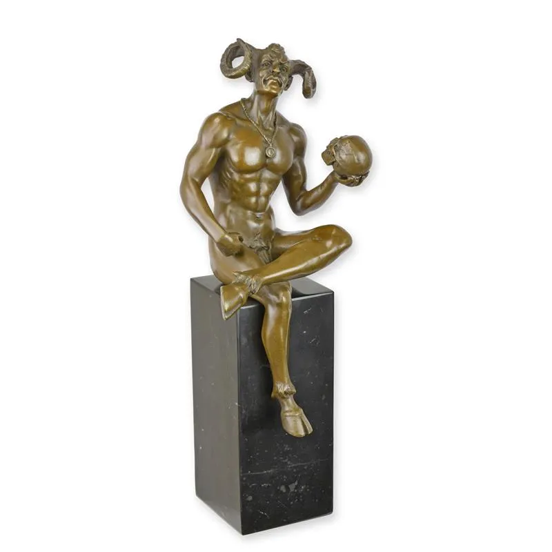 Bronze-Teufelsfigur mit Schädel auf schwarzem Marmorsockel
