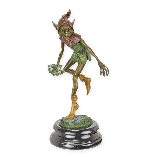 Bronze Zwerg mit Schnecken auf Blatt — Skulptur, 31 cm hoch