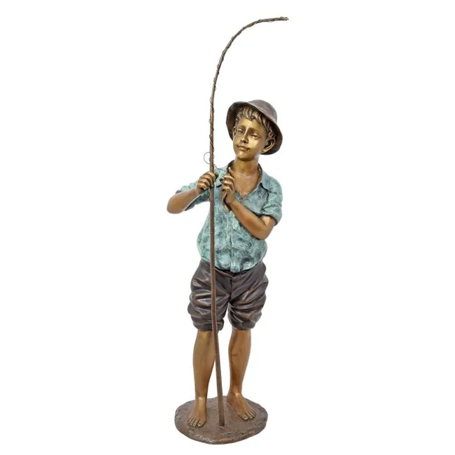 Bronzefigur Angelknabe mit Angelrute geduldig wartend