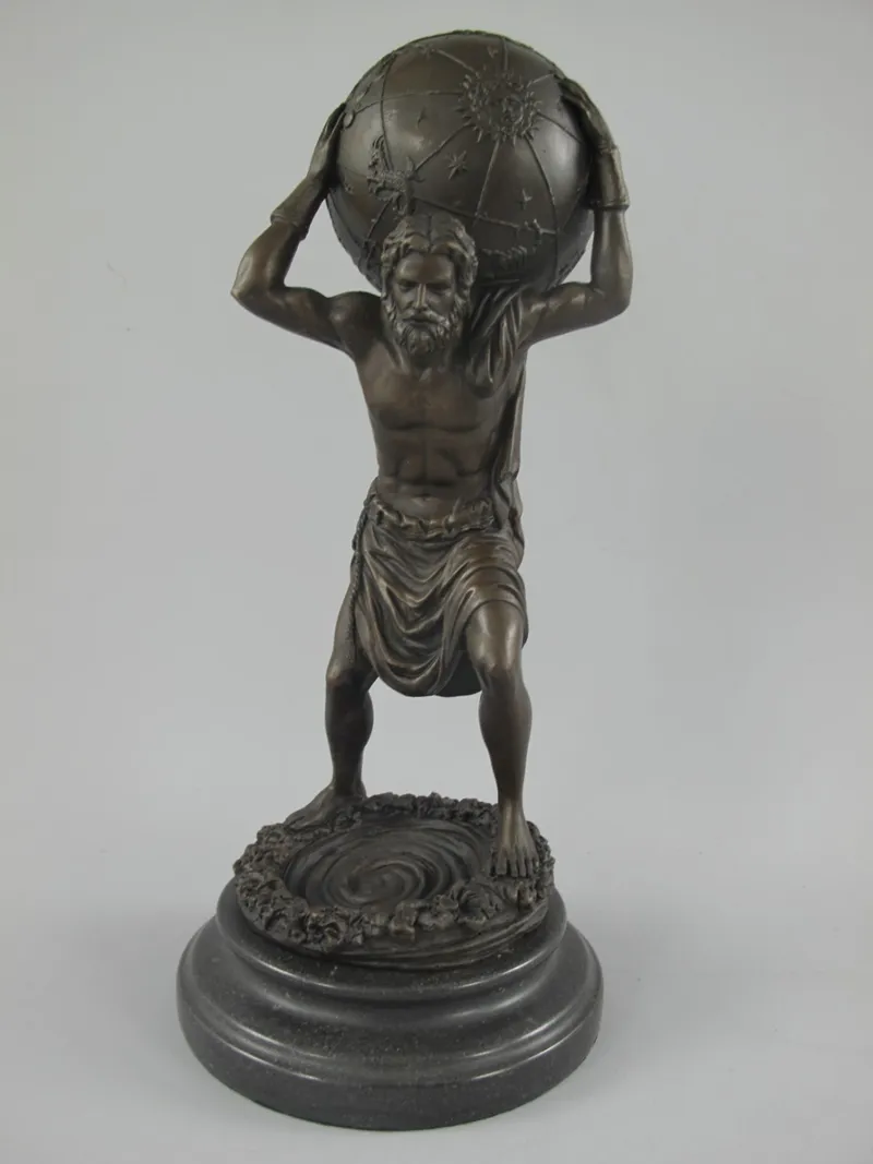 Bronzefigur Atlas mit Himmelskugel auf Marmorsockel 33 cm