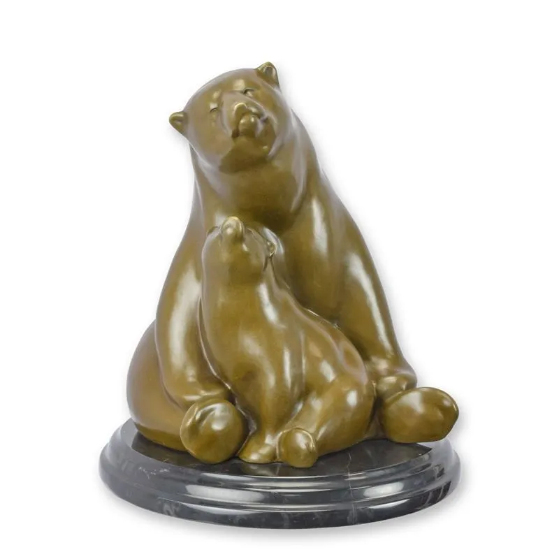 Bronzefigur Bärenmutter mit Jungem auf Marmorsockel
