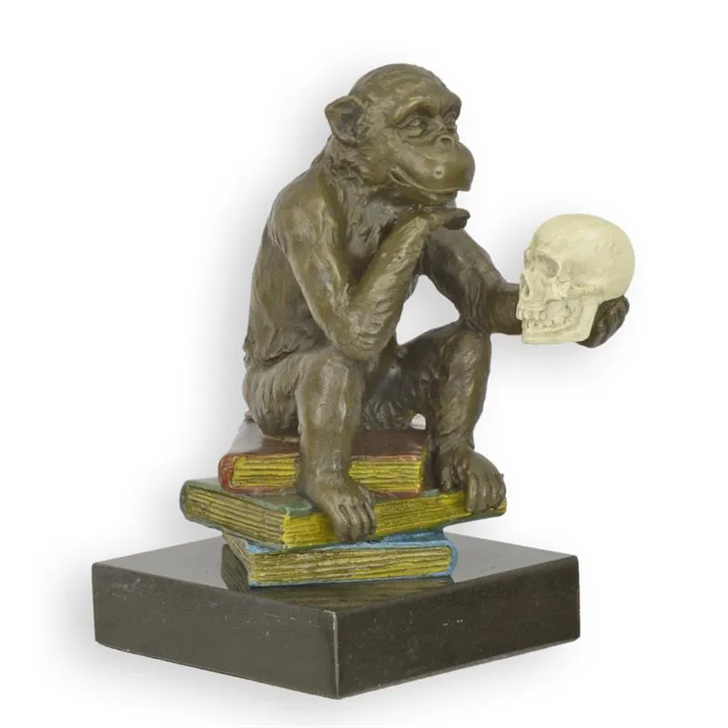Bronzefigur Darwin-Affe mit Schädel auf Büchern 14,3 cm