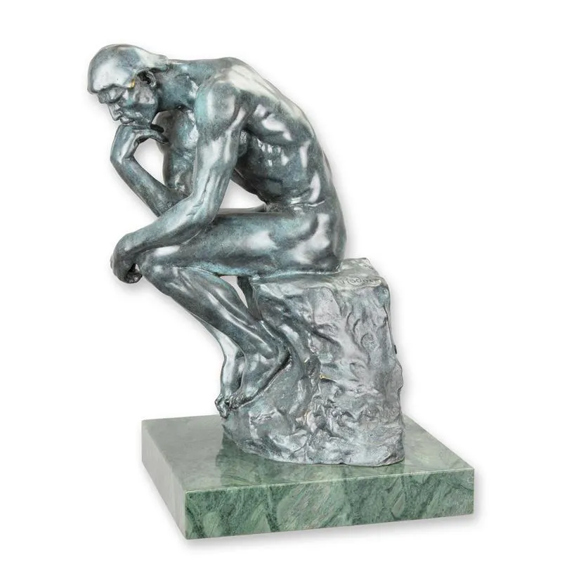 Bronzefigur Der Denker nach Rodin auf grünem Marmorsockel