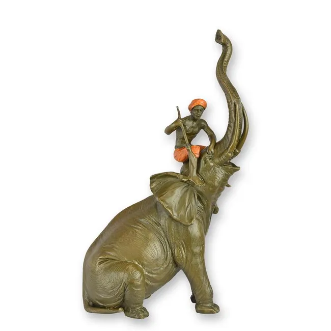 Bronzefigur Elefant mit Mahout-Reiter Ruessel hoch