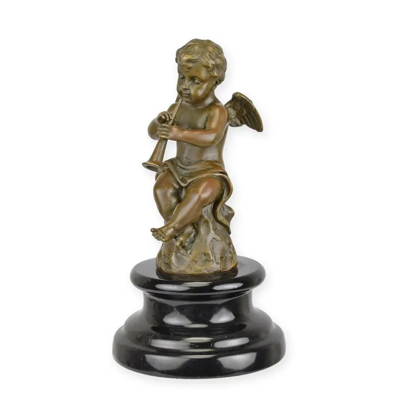 Bronzefigur Engel mit Trompete auf schwarzem Marmorsockel 18 cm