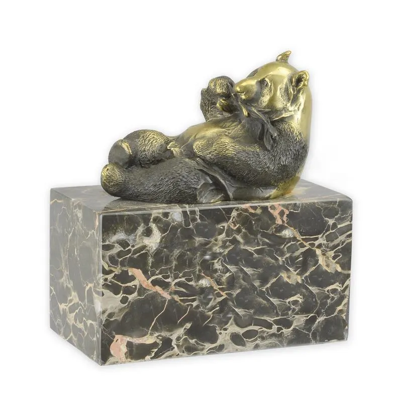 Bronzefigur fressender Panda auf Marmorsockel