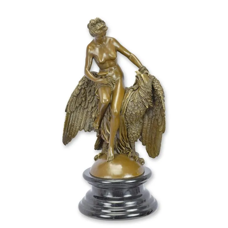 Bronzefigur Hebe mit Adler auf rundem Marmorsockel 50 cm