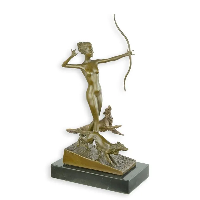 Bronzefigur Last Arrow Jägerin mit Bogen und Windhunden 34,5 cm
