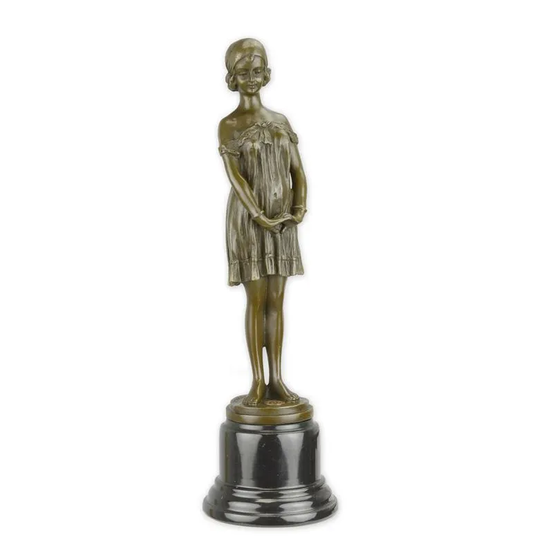 Bronzefigur Mädchen im Nachthemd auf Marmorsockel 35 cm