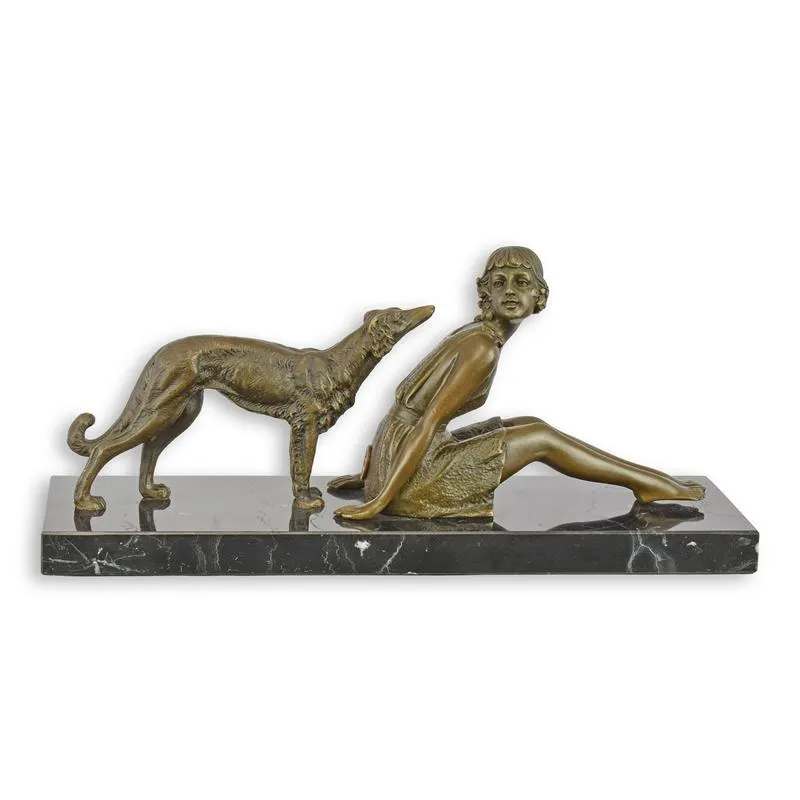 Bronzefigur Mädchen mit Barsoi auf schwarzem Marmor 29 cm