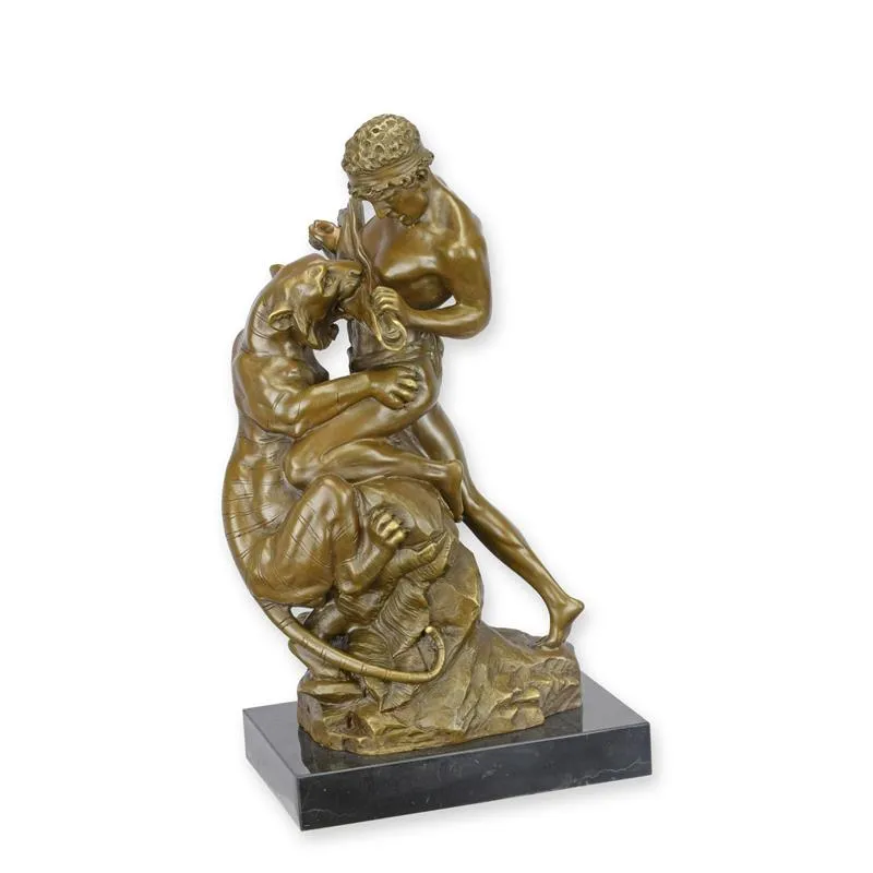 Bronzefigur Mann im Kampf mit Großkatze