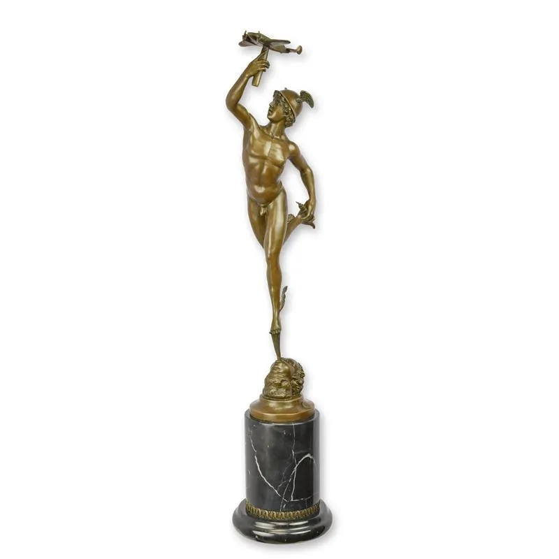 Bronzefigur Merkur mit Flugzeug auf Marmorsäule