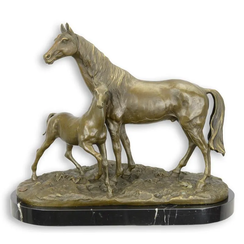 Bronzefigur Pferd mit Fohlen auf Marmorsockel 34 cm
