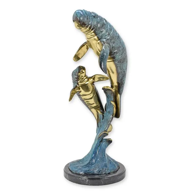 Bronzefigur Seekuh mit Jungem — zweifarbig Blau-Gold