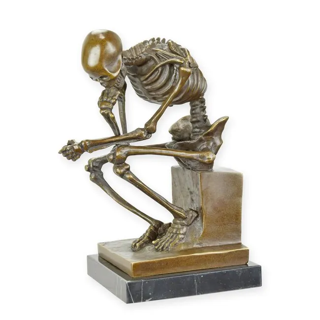 Bronzefigur Skelett Denker Skulptur