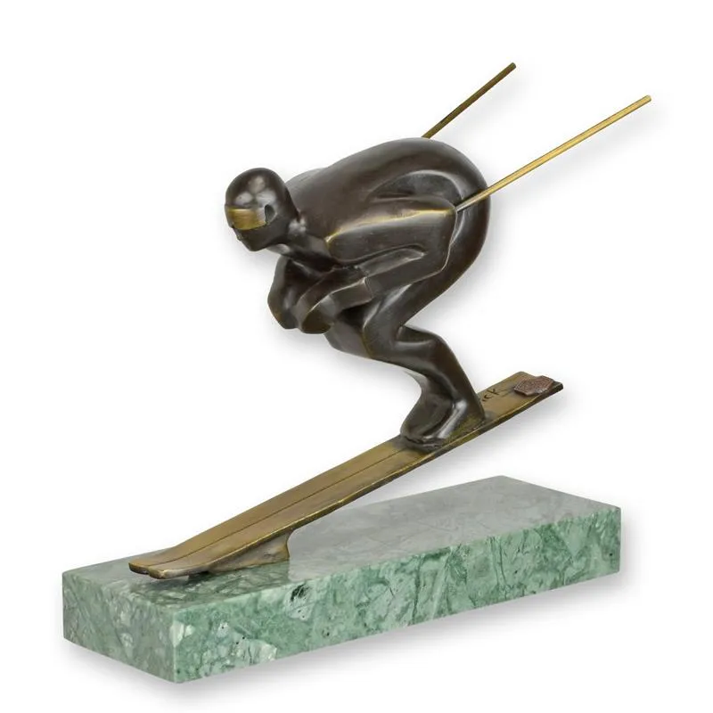 Bronzefigur Skifahrer im Art-déco-Stil auf grünem Marmor 19,7 cm
