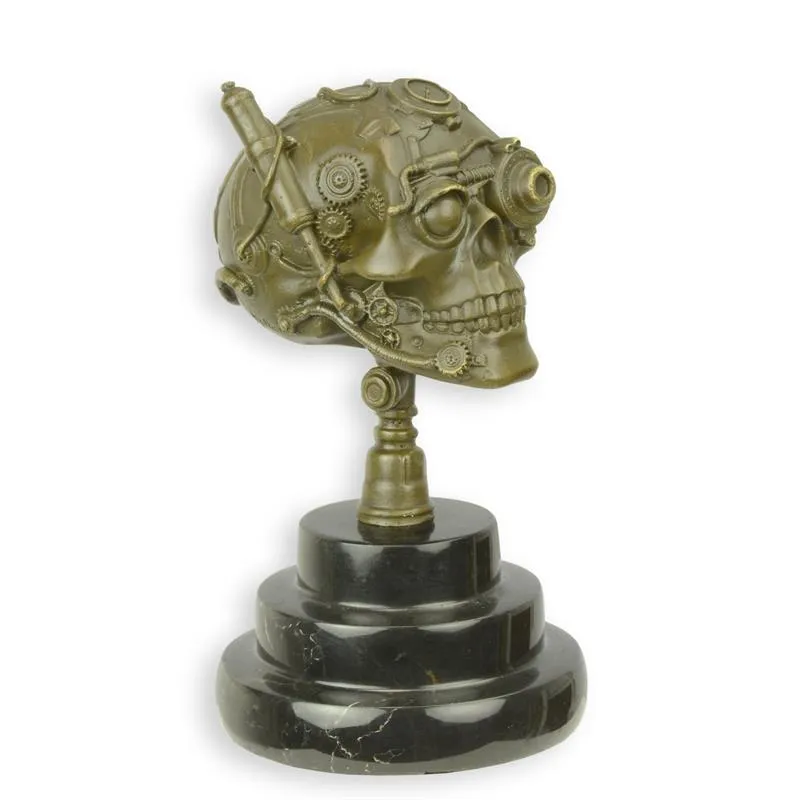 Bronzefigur Steampunk-Totenkopf auf Marmorsockel 19 cm