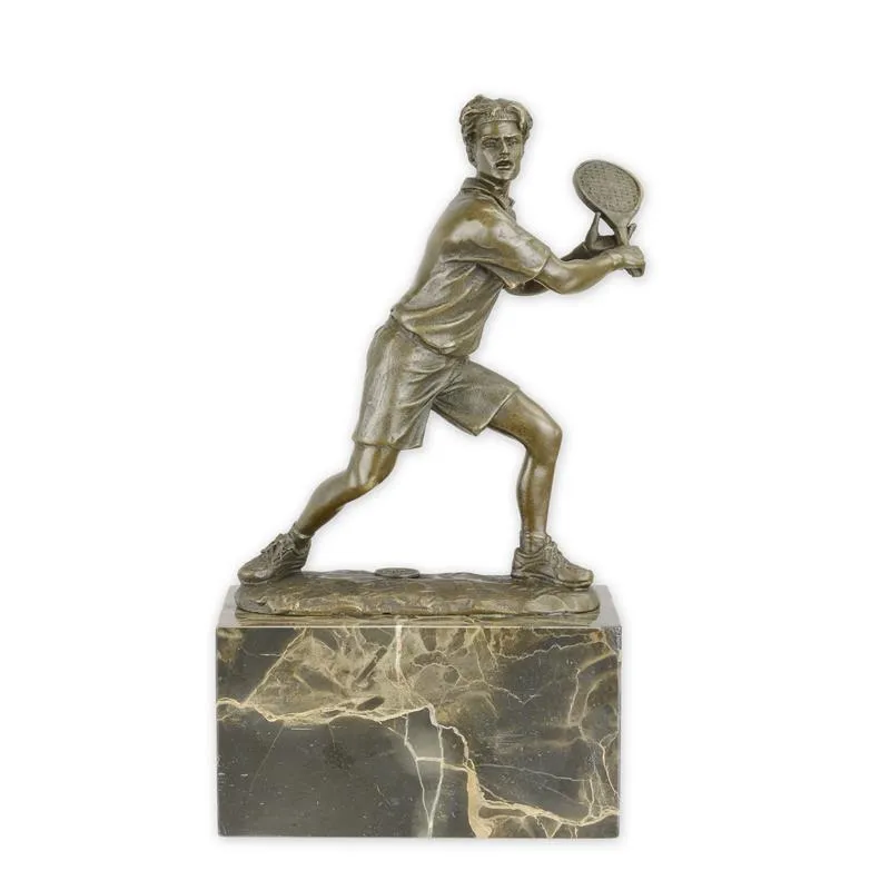 Bronzefigur Tennisspieler mit Schläger auf Marmorblock 23,8 cm