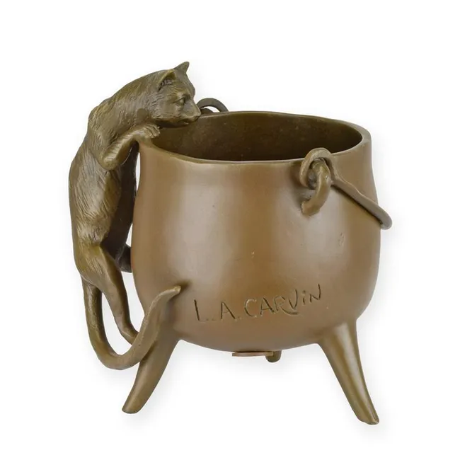 Bronzekatze im Topf Skulptur 13 cm Tierfigur Garten