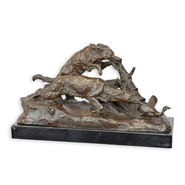 Bronzene Jagdhunde-Skulptur mit Ente auf Marmorplatte