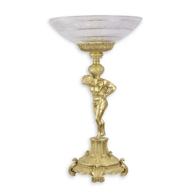 Bronzeschale auf Fuss mit graviertem Glas und Atlasfigur