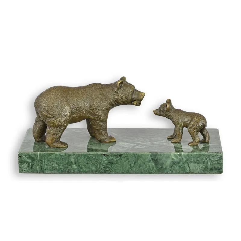 Bronzeskulptur Bärin mit Jungtier auf grünem Marmor 18 cm