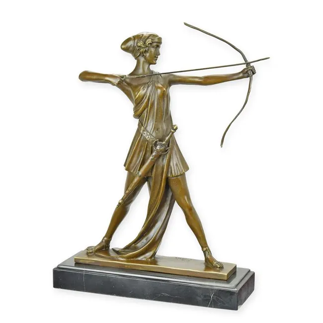 Bronzeskulptur Diana die Jaegerin – Goettin mit Bogen und Hirsch 32 cm