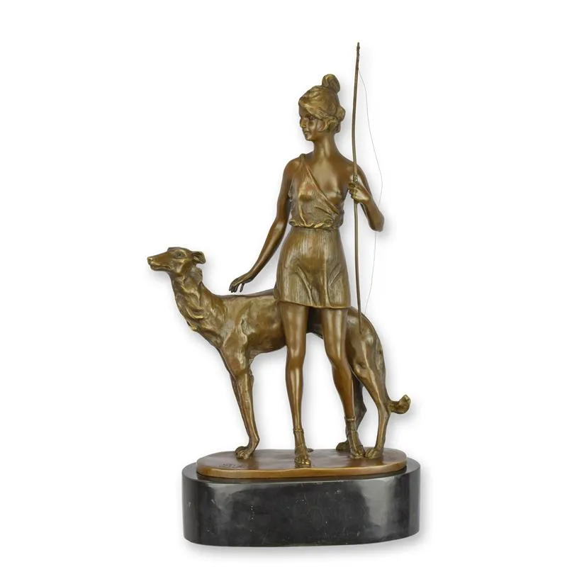Bronzeskulptur Diana mit Jagdhund und Bogen auf Marmor 45 cm