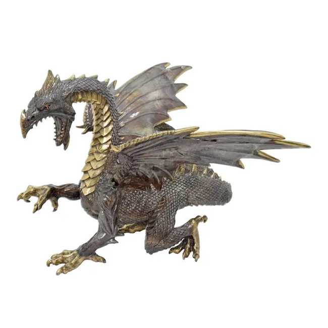Bronzeskulptur Drache Gold-Grau Patina Gross