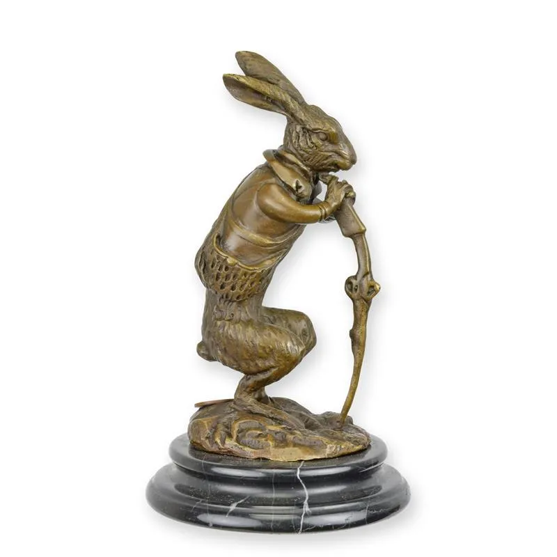 Bronzeskulptur Hase als Jäger mit Stock auf Marmor 15 cm