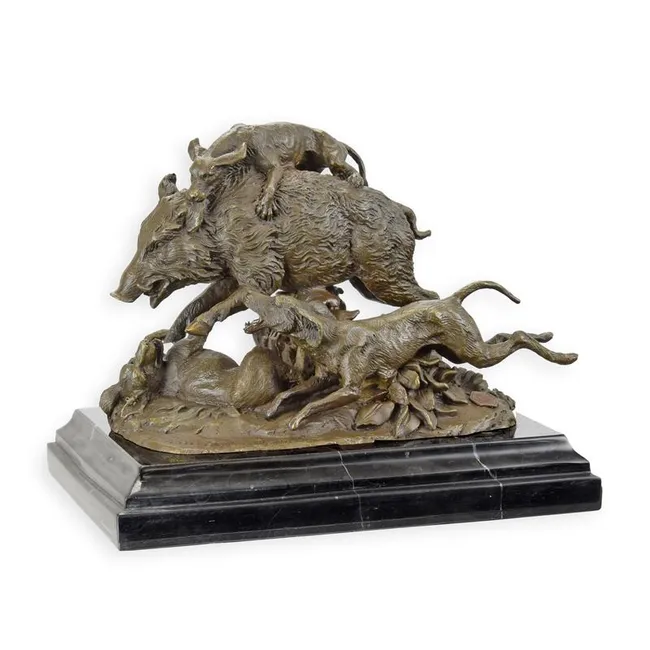Bronzeskulptur Jagdhunde greifendes Wildschwein an