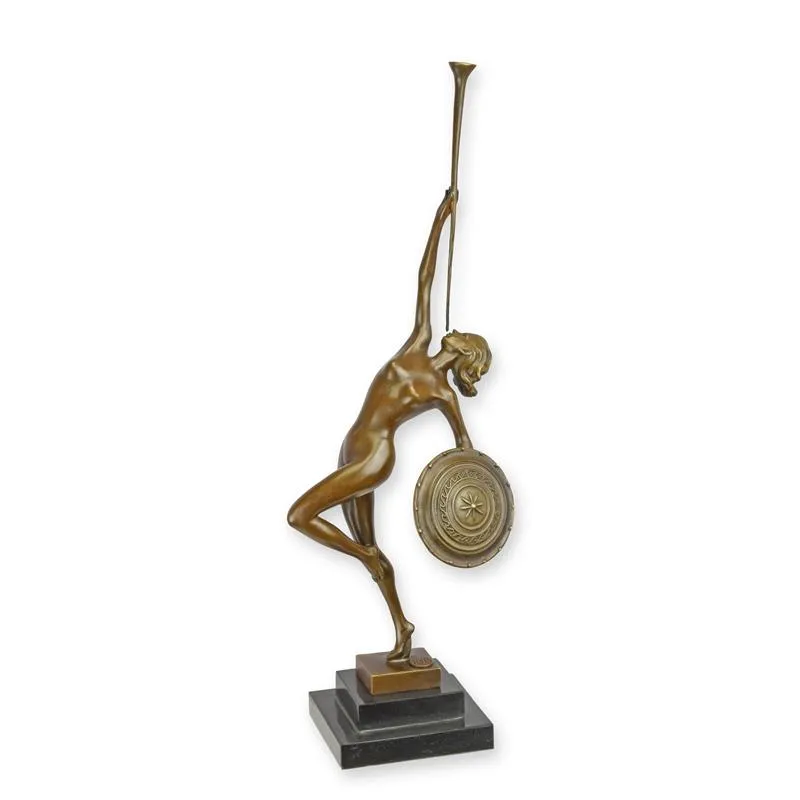 Bronzeskulptur „Jericho“ Kriegstänzerin mit Trompete und Schild