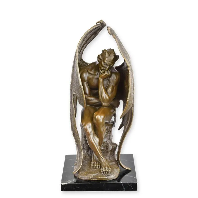 Bronzeskulptur nachdenklicher Satan mit Flügeln auf Marmor 30 cm