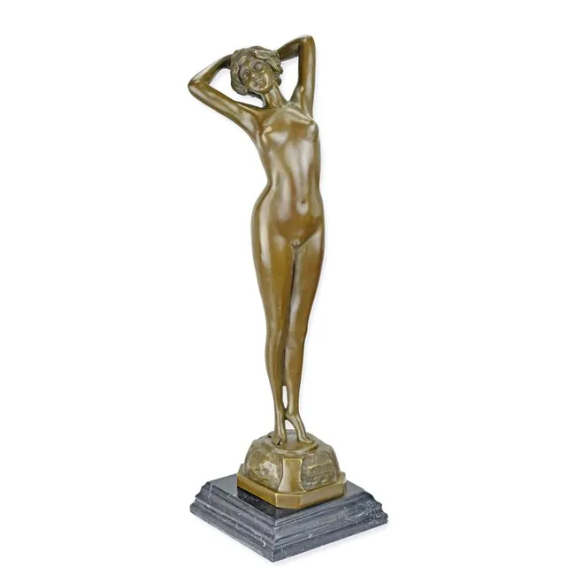 Bronzeskulptur Reveil stehende nackte Frau auf Marmorsockel
