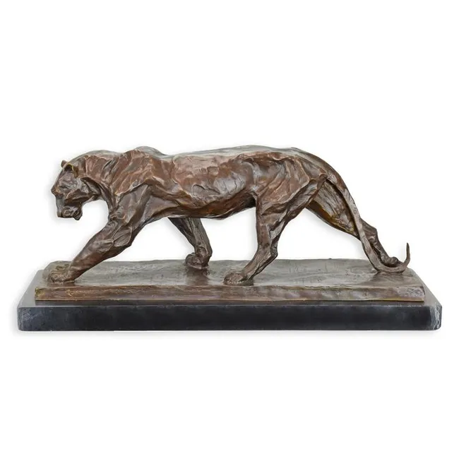 Bronzeskulptur schleichender Panther auf Marmorsockel