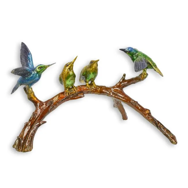 Bronzeskulptur vier Kolibris auf einem Ast
