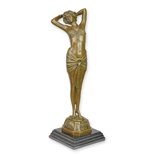 Bronzetaenzerin Reveil mit Schmuck auf Marmorsockel