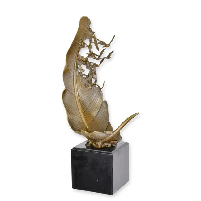 Bronzetauben auf Blatt Skulptur 35 cm auffliegend