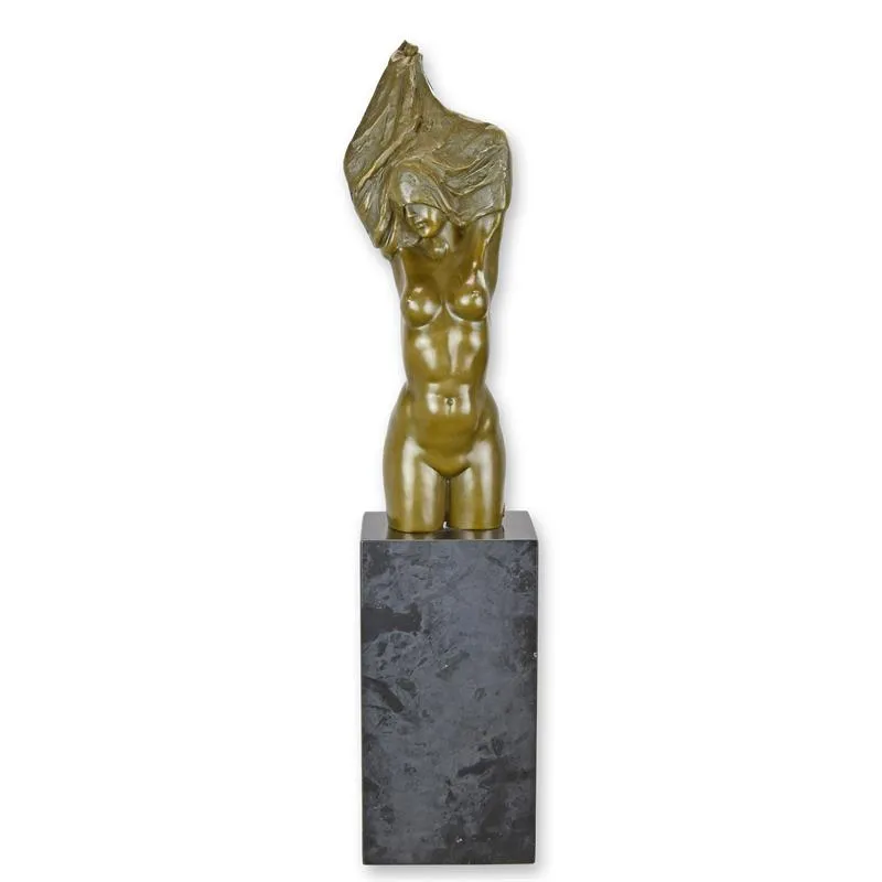 Bronzetorso nackte Frau mit Tuch auf Marmorsäule 61 cm